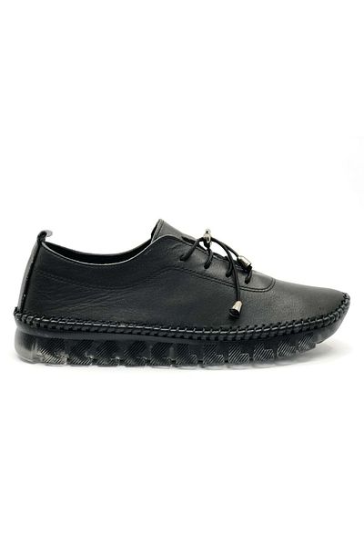 KOCAMANLAR Ayakdaş Genuine Leather Orthopedic Women's Ballerina Shoes with Saddle Detail Black
