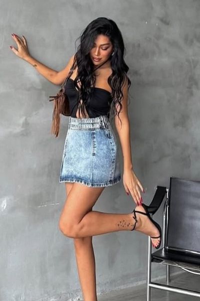 ESSFASIHON Fusta scurtă din denim cu talie scurtă și curea dublă