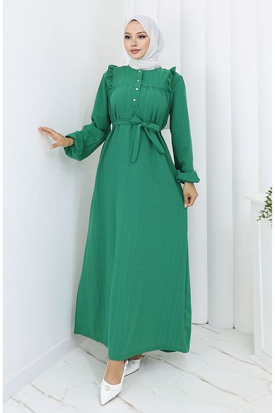 sefamerve Φόρεμα Aerobin Fabric Ruffle Belted 2064-02 Emerald Green