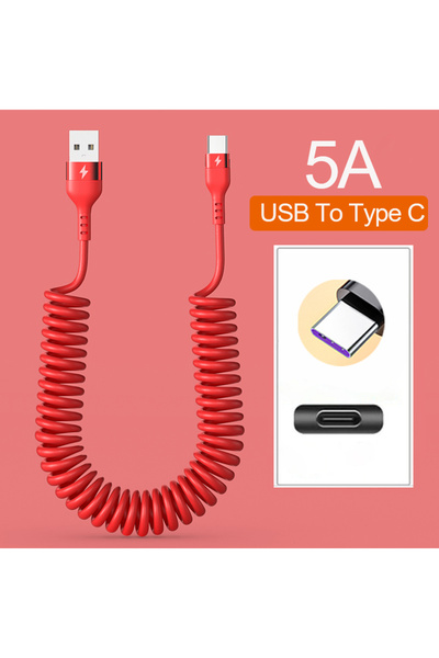 Choice كابل USB C أحمر بطول 2 متر للسيارة من النوع C/Type C إلى النوع C/USB LIGHTNING للشحن السريع كابل تلسكوبي زنبركي
