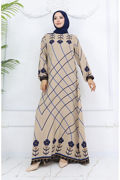 sefamerve Viscose Fabric Elastic Sleeve Dress 0030-01 Milky Brown Navy Blue