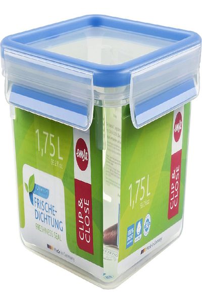 emsa Clip & Close Square Food Storage Container 1.75L – Transparent/Blue, Airtight Lid