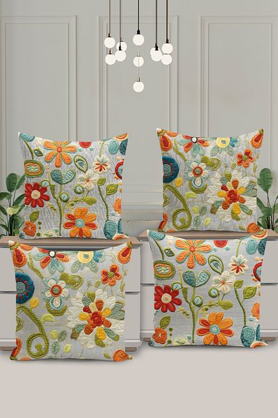 Filamente 4-Piece Double-Sided Digital Printing Throw Pillow Case Quilted Look Floral Pattern