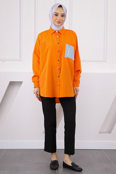 İmajButik Πορτοκαλί τσέπη με κέντημα πουκάμισο oversize
