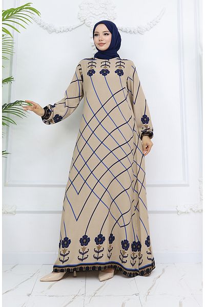 sefamerve Viscose Fabric Elastic Sleeve Dress 0030-01 Milky Brown Navy Blue