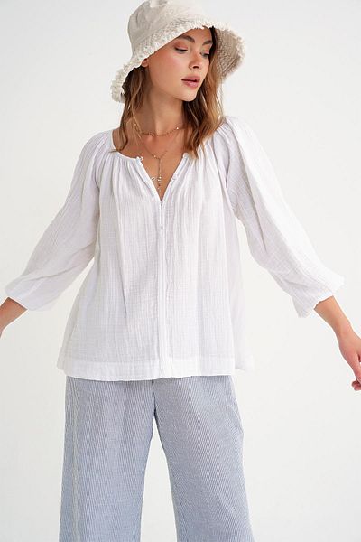 Mixray 4707 Women's Shirred Collar Elasticized Loose Muslin Blouse White