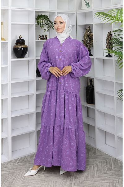 sefamerve Embroidery Embroidered Half Button Dress 0059-02 Lilac