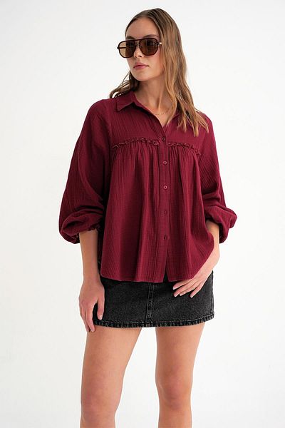 Mixray 4677 Women's Lace Detailed Muslin Shirt Claret Red