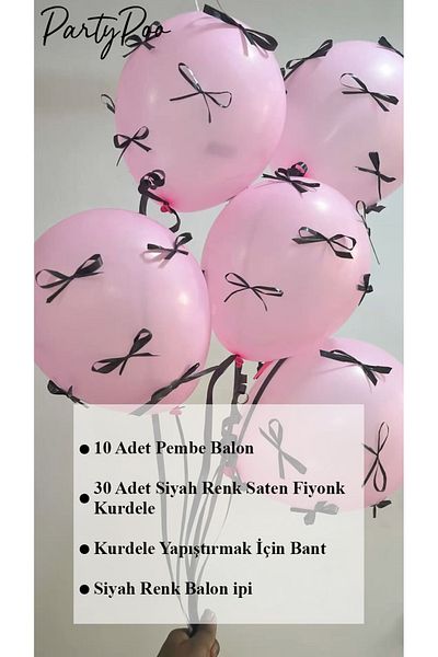 PartyPoo Pink Balloon Set with Black Bow Ribbon 10Pcs Birthday Bow Balloon, Balloon with Ribbon