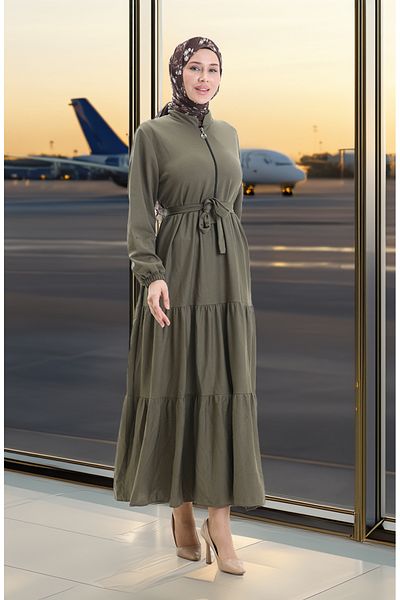sefamerve Half Zipper Gathered Dress 1202-02 Khaki