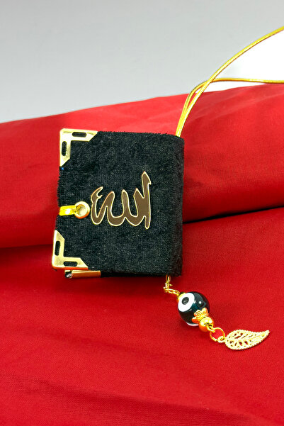 biuti El Yapımı Cam Nazar Boncuklu Siyah Kadife Mini Kur' an-ı Kerim Araba Di...
