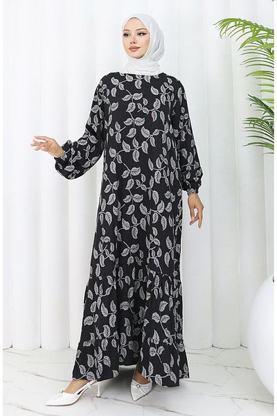 sefamerve Patterned Dress with Elasticated Sleeve 2055-04 Black