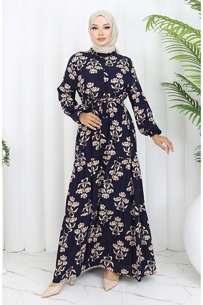 sefamerve Φόρεμα με μοτίβο με μισό κουμπί 2052-02 Navy Blue