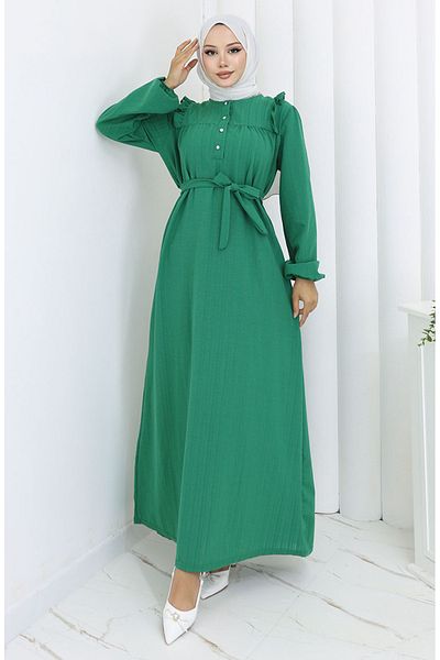 sefamerve Φόρεμα Aerobin Fabric Ruffle Belted 2064-02 Emerald Green
