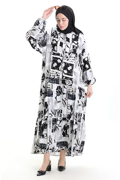 sefamerve Half Button Patterned Dress 2067-03 White Black
