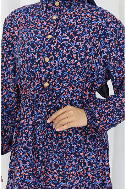 sefamerve Kolu lastikli Desenli Elbise 2057-03 Lacivert
