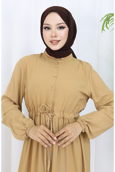 sefamerve Φόρεμα με μισό κουμπί από ύφασμα βισκόζης 0085-07 Γαλακτόκαφε