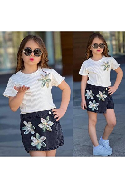 RAPAPA Girl's Floral Patterned Tihirt & Denim Skirt Set - Summer Combination 2526K
