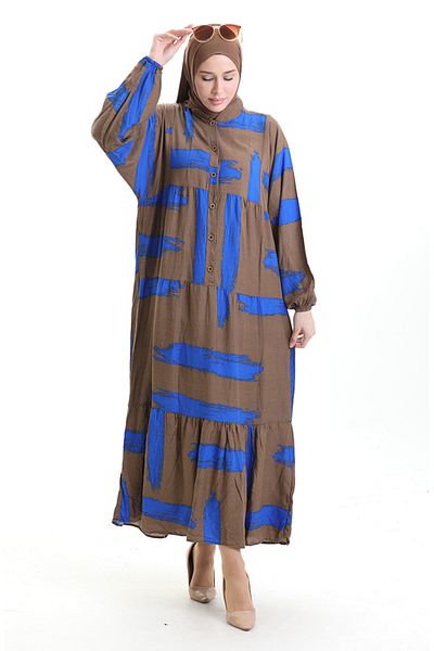 sefamerve Φόρεμα με μοτίβο με μισό κουμπί 2069-04 Brown Saks