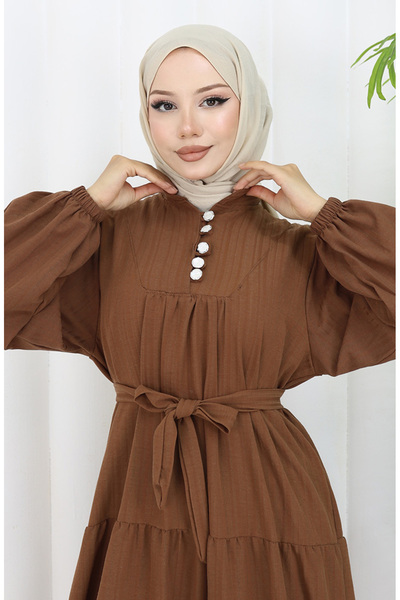 sefamerve Button Detailed Gathered Dress 2065-03 Brown