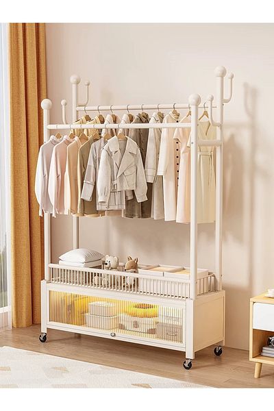 Un Clothes rack with lower storage unit covered with a transparent door that opens at a 90° angle, equipped with wheels for easy transportation