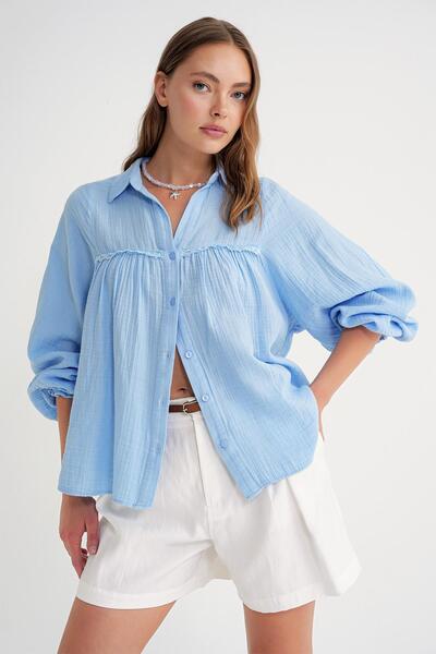 Mixray 4677 Γυναικείο πουκάμισο μουσελίνας με δαντέλα μωρό μπλε