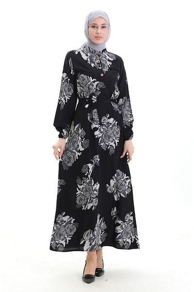 sefamerve Buttoned Patterned Belted Dress 2076-04 Black Gray