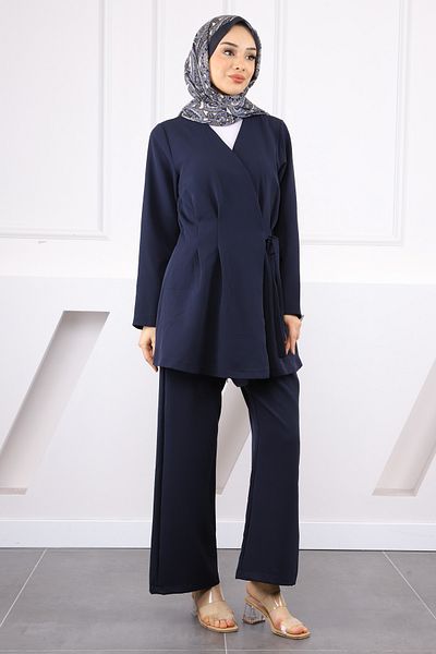 İmajButik Dark Navy Blue Side Tie Tunic Trousers Suit