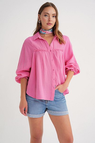 Mixray 4677 Women's Lace Detailed Muslin Shirt Pink