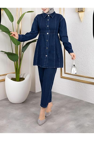 MACMODA Elastic Waist Buttoned Jacket Trousers Jeans Set