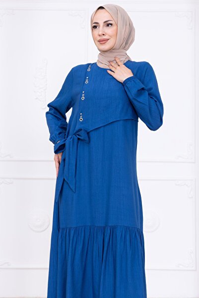 hafsamina Μπροστινή πέτρα Λεπτομερής Πλαϊνή Πασμίνα Φόρεμα Indigo HM2760