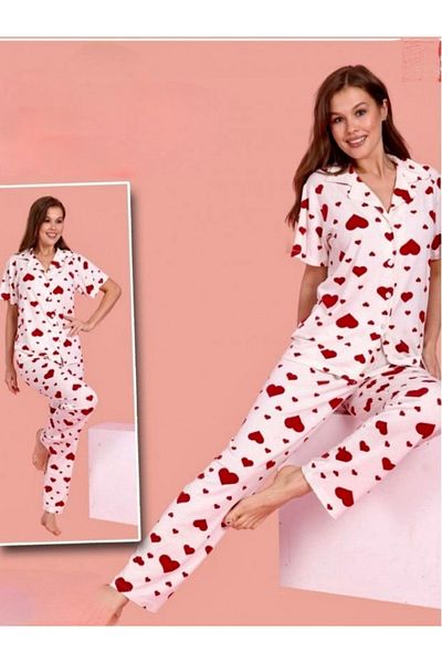 shiny date Front Button Shirt Collar Short Sleeve Heart Pajama Set