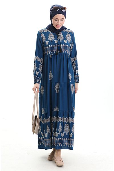 sefamerve Viscose Fabric Patterned Dress 4078-04 Petrol