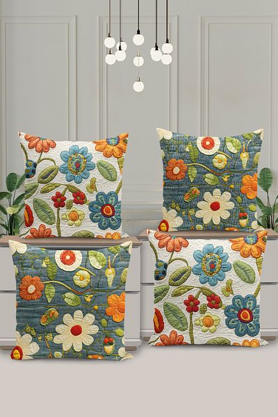 Filamente 4-Piece Double-Sided Digital Printing Throw Pillow Case Quilted Look Floral Pattern