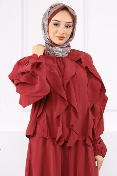 İmajButik Burgundy Blouse Ruffled Skirt Suit