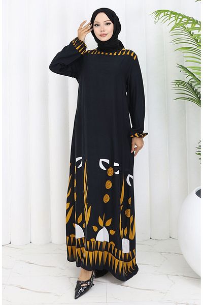 sefamerve Patterned Dress with Elastic Sleeves 0084-02 Black