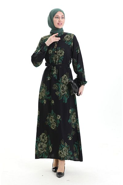 sefamerve Buttoned Patterned Belted Dress 2076-03 Black Green