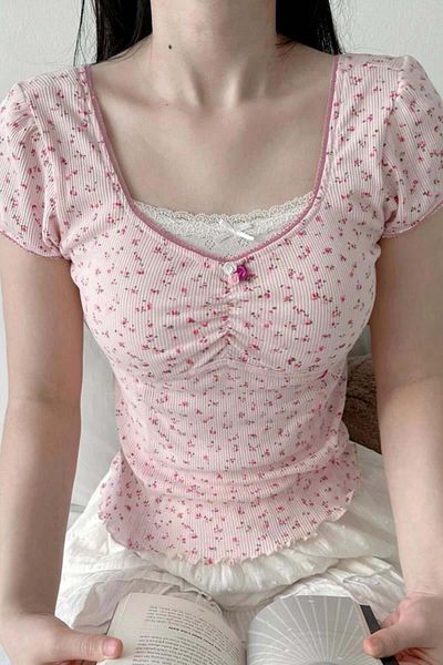 Köstebek Basic Short Sleeve Blouse with Gathered Neckline Floral Print Attached Inner Body