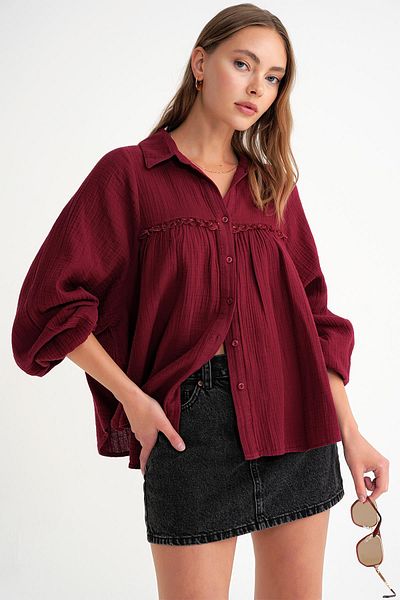Mixray 4677 Women's Lace Detailed Muslin Shirt Claret Red