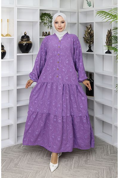 sefamerve Embroidery Embroidered Half Button Dress 0059-02 Lilac