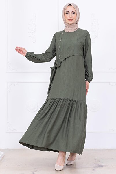 hafsamina Front Stone Detailed Side Tie Hijab Dress Khaki Hm2760