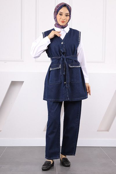 İmajButik Navy Blue Pearl Detailed Denim Vest Trousers Suit