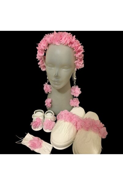 Massaltay Pink Dense Floral Maternity Set – Crown, Slippers, Baby Bandana and...