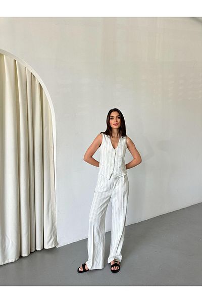 FEMMESTUDIO Women's Cream Striped Vest Pants Set