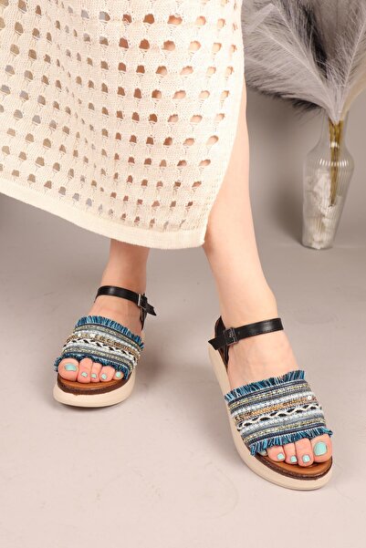Birikon Tassel Tassel and Beaded Sandals Dark Blue