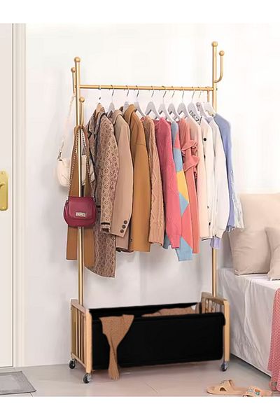 Generic Clothes hanger with bottom basket, gold leather