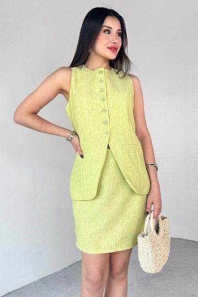 Cappmoda Tkm-13313 Oil Green Modern Fit Buttoned Vest & Zipper Detailed Mini Skirt Linen Double Set