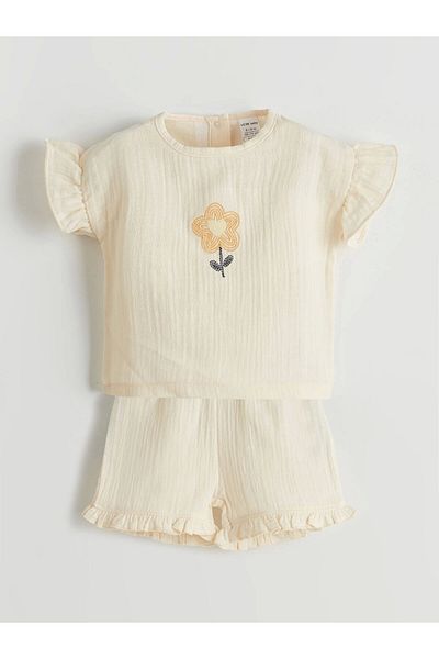 LC Waikiki Lcw Baby Beige Crew Neck Floral Baby Girl Blouse and Shorts 2-Pack