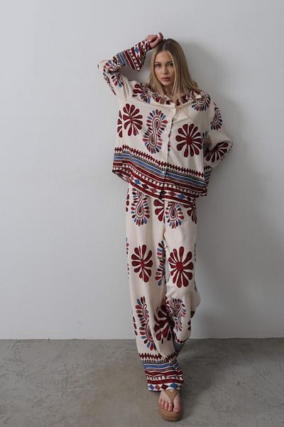 Viyamo Patterned Flared Sleeve Trousers Set - Red