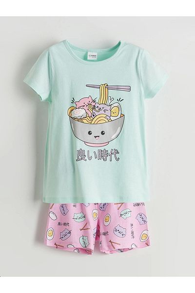 LC Waikiki Lcw Kids Turquoise Printed Girls's Shorts Pajamas Suit